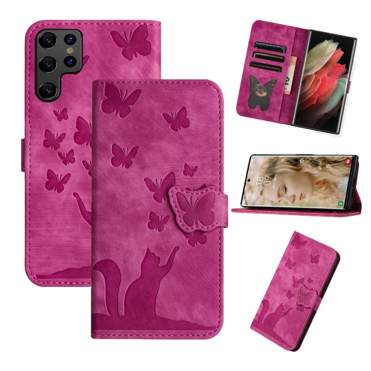 For Samsung Galaxy S25 Ultra 5G Butterfly Cat Embossing Flip Leather Phone Case(Pink) by buy2fix