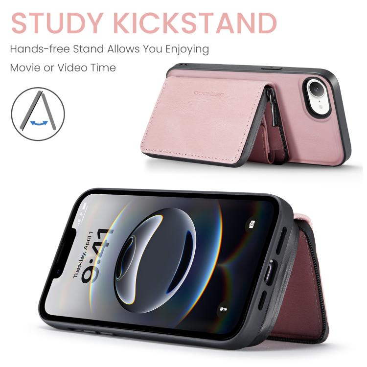 For iPhone 16e JEEHOOD J02 Magnetic Zipper Horizontal Flip Leather Phone Case(Pink) - iPhone 16e Cases by JEEHOOD | Online Shopping UK | buy2fix