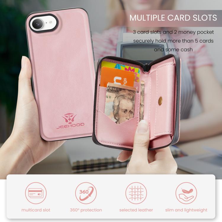 For iPhone 16e JEEHOOD J02 Magnetic Zipper Horizontal Flip Leather Phone Case(Pink) - iPhone 16e Cases by JEEHOOD | Online Shopping UK | buy2fix