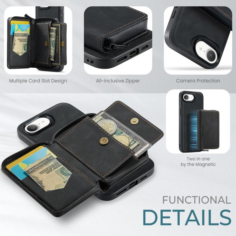 For iPhone 16e JEEHOOD J02 Magnetic Zipper Horizontal Flip Leather Phone Case(Black) - iPhone 16e Cases by JEEHOOD | Online Shopping UK | buy2fix
