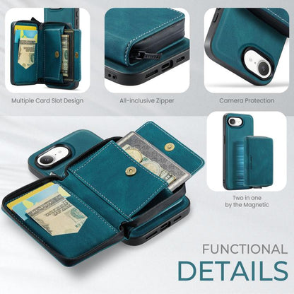 For iPhone 16e JEEHOOD J02 Magnetic Zipper Horizontal Flip Leather Phone Case(Blue) - iPhone 16e Cases by JEEHOOD | Online Shopping UK | buy2fix