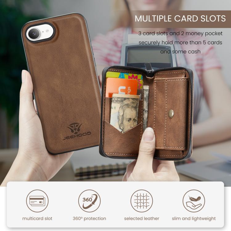 For iPhone 16e JEEHOOD J02 Magnetic Zipper Horizontal Flip Leather Phone Case(Brown) - iPhone 16e Cases by JEEHOOD | Online Shopping UK | buy2fix