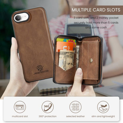For iPhone 16e JEEHOOD J02 Magnetic Zipper Horizontal Flip Leather Phone Case(Brown) - iPhone 16e Cases by JEEHOOD | Online Shopping UK | buy2fix