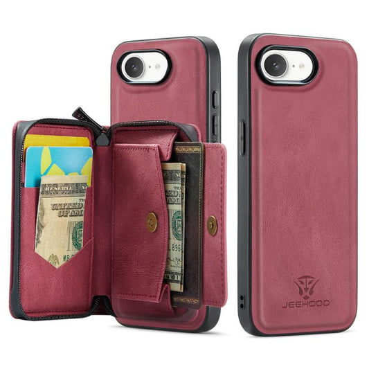 For iPhone 16e JEEHOOD J02 Magnetic Zipper Horizontal Flip Leather Phone Case(Red) - iPhone 16e Cases by JEEHOOD | Online Shopping UK | buy2fix