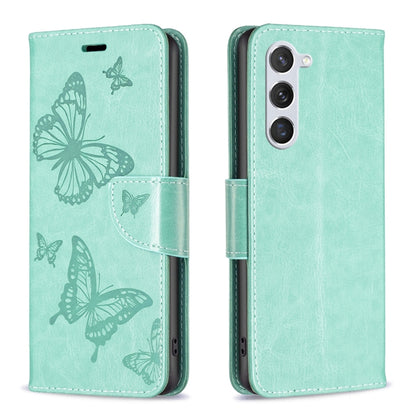 For Samsung Galaxy S25 5G Embossing Two Butterflies Pattern Leather Phone Case(Green) by buy2fix