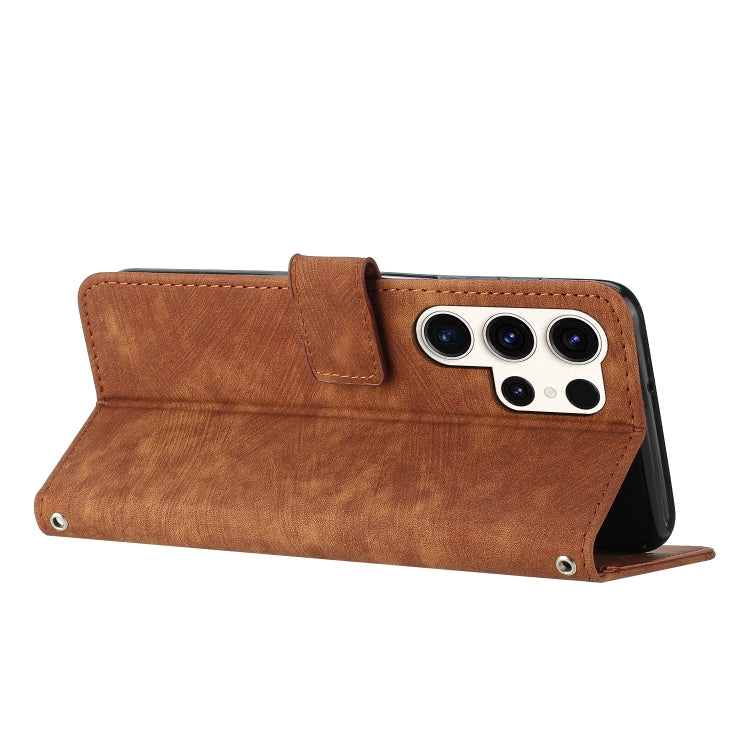 For Samsung Galaxy S25 Ultra 5G Skin Feel Stripe Pattern Leather Phone Case with Lanyard(Brown) by buy2fix