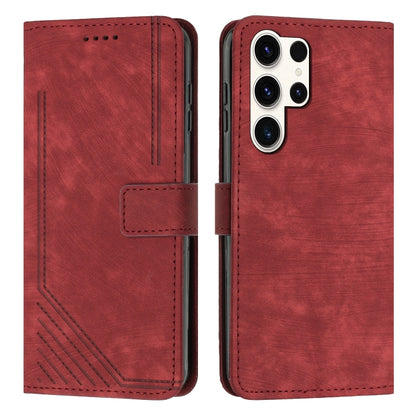 For Samsung Galaxy S25 Ultra 5G Skin Feel Stripe Pattern Leather Phone Case with Lanyard(Red) by buy2fix