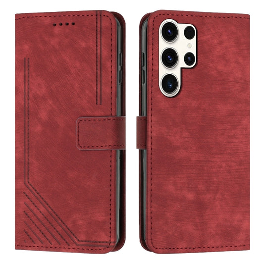 For Samsung Galaxy S25 Ultra 5G Skin Feel Stripe Pattern Leather Phone Case with Lanyard(Red) by buy2fix