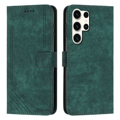 For Samsung Galaxy S25 Ultra 5G Skin Feel Stripe Pattern Leather Phone Case with Lanyard(Green) by buy2fix