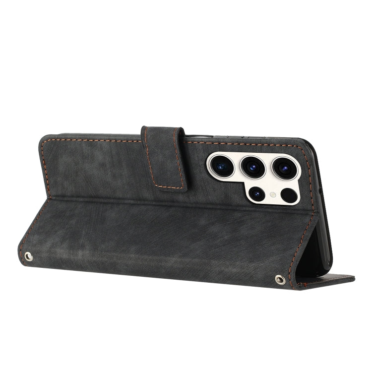 For Samsung Galaxy S25 Ultra 5G Skin Feel Stripe Pattern Leather Phone Case with Lanyard(Black) by buy2fix