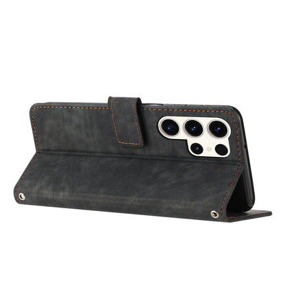 For Samsung Galaxy S25 Ultra 5G Skin Feel Stripe Pattern Leather Phone Case with Lanyard(Black) by buy2fix