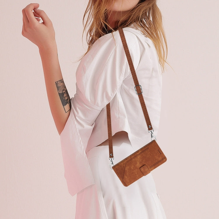 For Samsung Galaxy S25 / S24 5G Skin Feel Stripe Pattern Leather Phone Case with Lanyard(Brown) by buy2fix