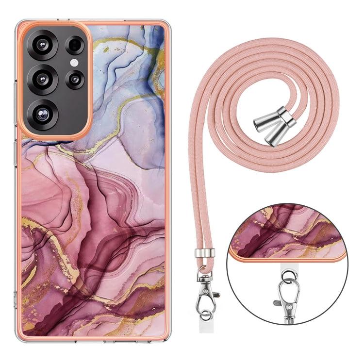For Samsung Galaxy S25 Ultra 5G Electroplating Marble Dual-side IMD Phone Case with Lanyard(Rose Red 014) by buy2fix