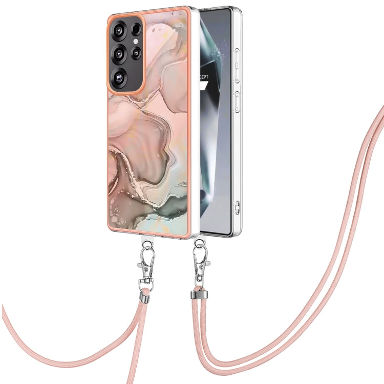 For Samsung Galaxy S25 Ultra 5G Electroplating Marble Dual-side IMD Phone Case with Lanyard(Rose Gold 015) by buy2fix