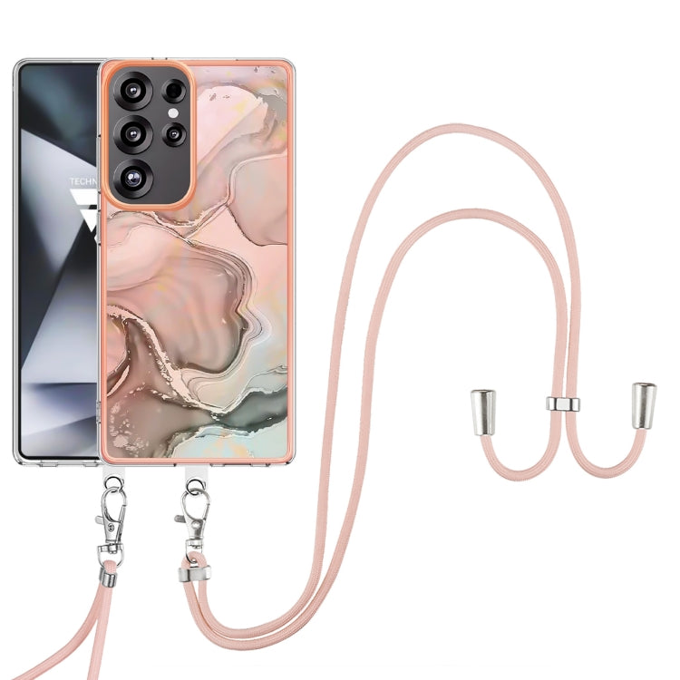 For Samsung Galaxy S25 Ultra 5G Electroplating Marble Dual-side IMD Phone Case with Lanyard(Rose Gold 015) by buy2fix