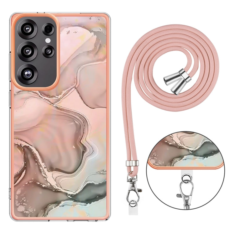 For Samsung Galaxy S25 Ultra 5G Electroplating Marble Dual-side IMD Phone Case with Lanyard(Rose Gold 015) by buy2fix