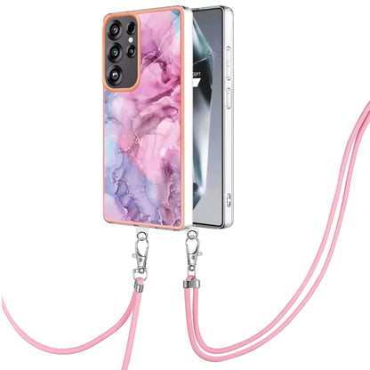 For Samsung Galaxy S25 Ultra 5G Electroplating Marble Dual-side IMD Phone Case with Lanyard(Pink 013) by buy2fix