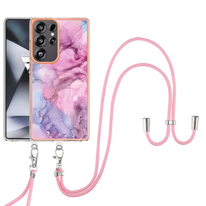 For Samsung Galaxy S25 Ultra 5G Electroplating Marble Dual-side IMD Phone Case with Lanyard(Pink 013) by buy2fix