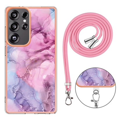 For Samsung Galaxy S25 Ultra 5G Electroplating Marble Dual-side IMD Phone Case with Lanyard(Pink 013) by buy2fix