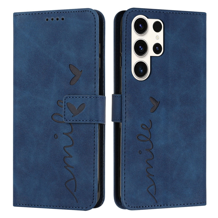 For Samsung Galaxy S25 Ultra 5G Skin Feel Heart Embossed Leather Phone Case with Long Lanyard(Blue) by buy2fix