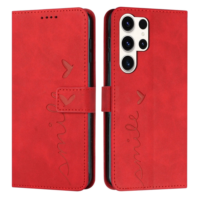 For Samsung Galaxy S25 Ultra 5G Skin Feel Heart Embossed Leather Phone Case with Long Lanyard(Red) by buy2fix