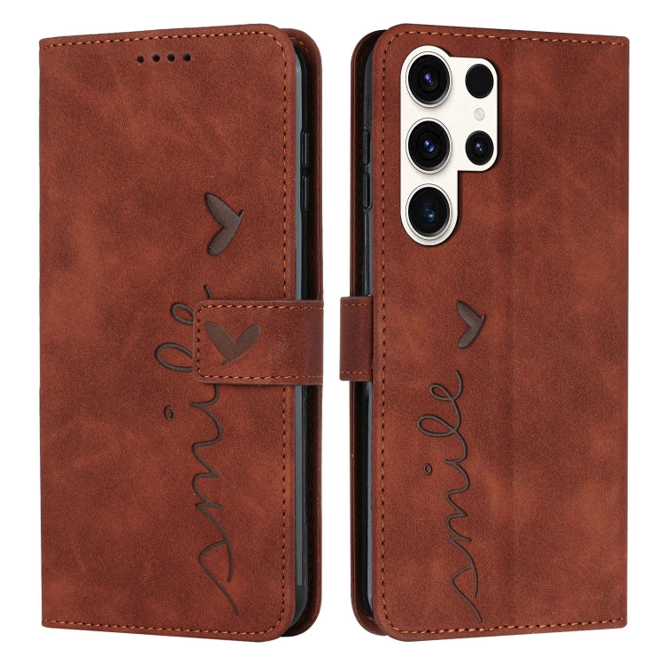 For Samsung Galaxy S25 Ultra 5G Skin Feel Heart Embossed Leather Phone Case with Long Lanyard(Brown) by buy2fix