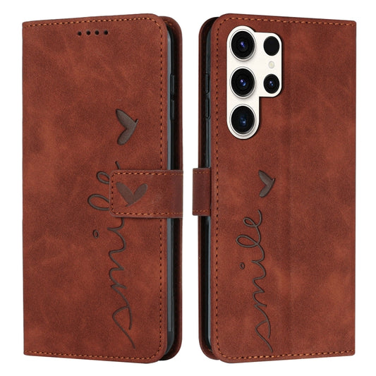 For Samsung Galaxy S25 Ultra 5G Skin Feel Heart Embossed Leather Phone Case with Long Lanyard(Brown) by buy2fix