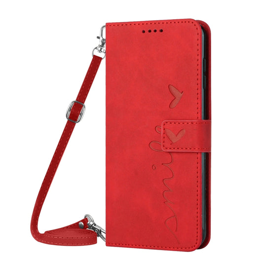For Samsung Galaxy S25+ / S24+ 5G Skin Feel Heart Embossed Leather Phone Case with Long Lanyard(Red) by buy2fix