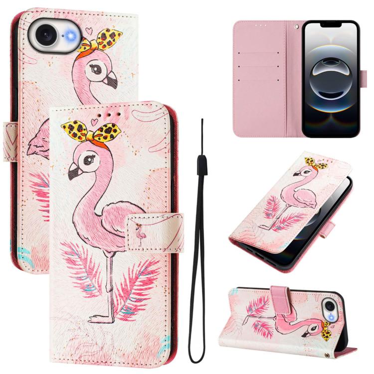 For iPhone 16e Art Colored Drawing Pattern Leather Phone Case(Flamingo) - iPhone 16e Cases by buy2fix | Online Shopping UK | buy2fix