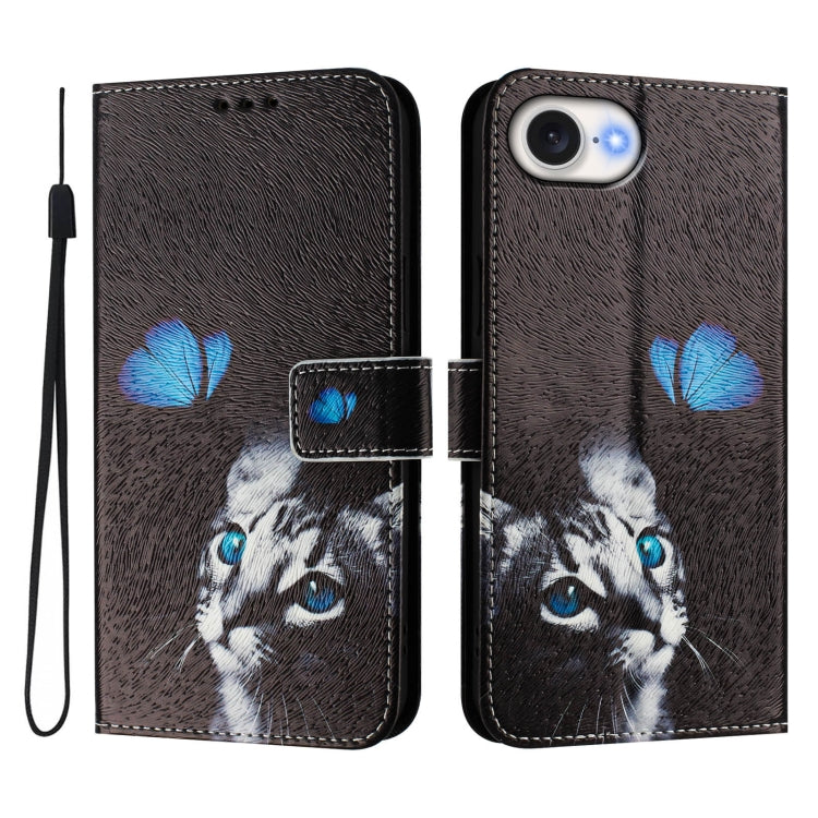 For iPhone 16e Art Colored Drawing Pattern Leather Phone Case(Butterfly cat) - iPhone 16e Cases by buy2fix | Online Shopping UK | buy2fix
