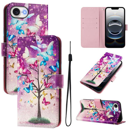 For iPhone 16e Art Colored Drawing Pattern Leather Phone Case(Butterfly branch) - iPhone 16e Cases by buy2fix | Online Shopping UK | buy2fix