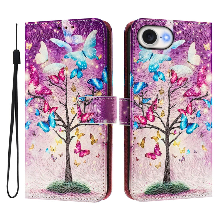 For iPhone 16e Art Colored Drawing Pattern Leather Phone Case(Butterfly branch) - iPhone 16e Cases by buy2fix | Online Shopping UK | buy2fix