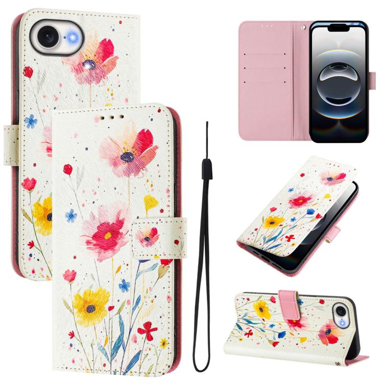 For iPhone 16e Art Colored Drawing Pattern Leather Phone Case(Flowers and plants) - iPhone 16e Cases by buy2fix | Online Shopping UK | buy2fix