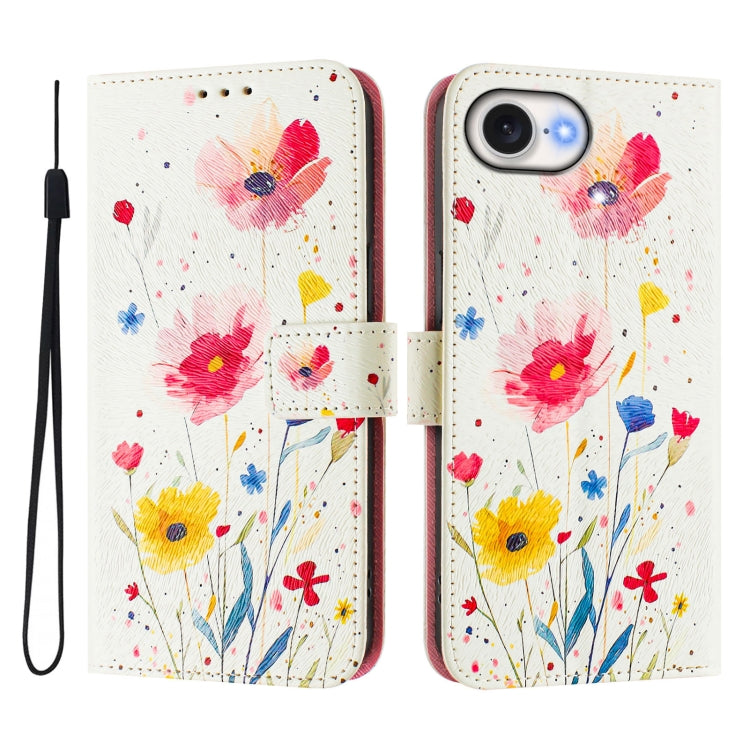 For iPhone 16e Art Colored Drawing Pattern Leather Phone Case(Flowers and plants) - iPhone 16e Cases by buy2fix | Online Shopping UK | buy2fix