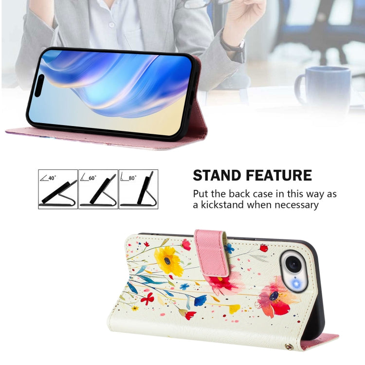 For iPhone 16e Art Colored Drawing Pattern Leather Phone Case(Flowers and plants) - iPhone 16e Cases by buy2fix | Online Shopping UK | buy2fix