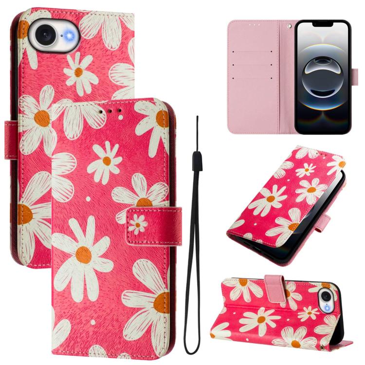 For iPhone 16e Art Colored Drawing Pattern Leather Phone Case(Pink daisy) - iPhone 16e Cases by buy2fix | Online Shopping UK | buy2fix