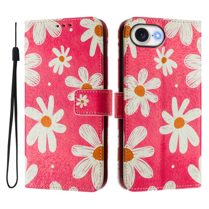 For iPhone 16e Art Colored Drawing Pattern Leather Phone Case(Pink daisy) - iPhone 16e Cases by buy2fix | Online Shopping UK | buy2fix