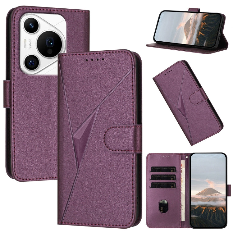 For Huawei Pura 70 Pro / Pura 70 Ultra Triangle Pattern Buckle Clasp Leather Phone Case(Dark Purple) - Huawei Cases by buy2fix | Online Shopping UK | buy2fix