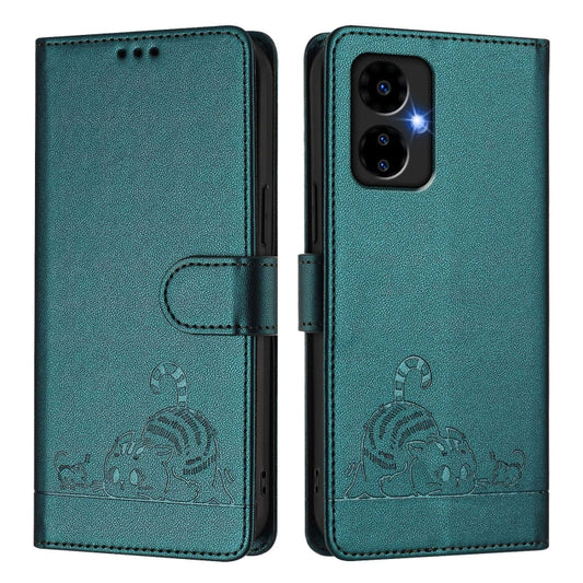 For Boost Mobile Celero 5G 2024 Cat Rat Embossed RFID Leather Phone Case with Lanyard(Peacock Green) by buy2fix