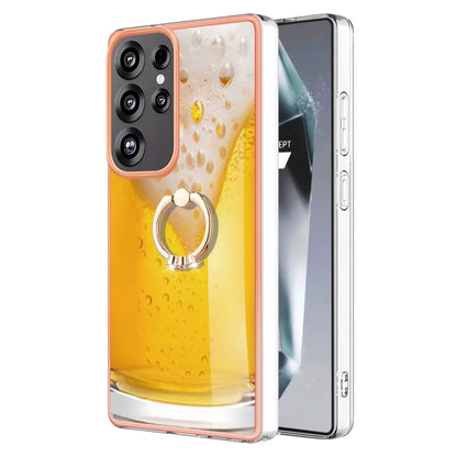 For Samsung Galaxy S25 Ultra 5G Electroplating Dual-side IMD Phone Case with Ring Holder(Draft Beer) by buy2fix