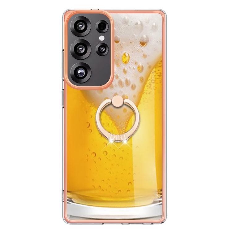 For Samsung Galaxy S25 Ultra 5G Electroplating Dual-side IMD Phone Case with Ring Holder(Draft Beer) by buy2fix