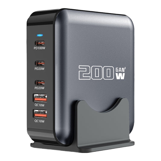 200W GaN 3 Type-C 2 USB Multi Ports Sharing Desktop Charger, Plug:UK Plug(Grey) - Multifunction Charger by buy2fix | Online Shopping UK | buy2fix