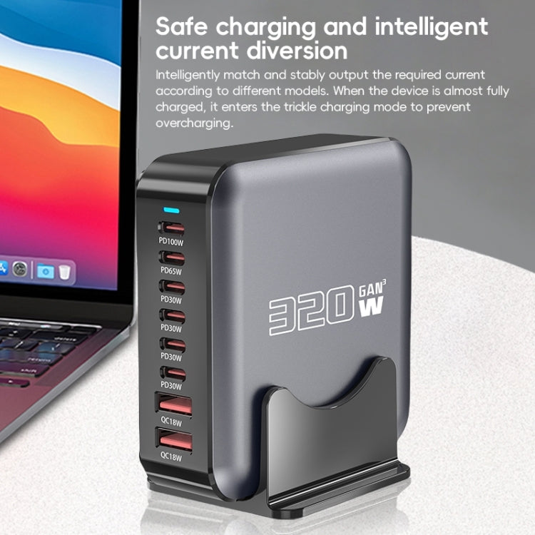 320W GaN 6 Type-C 2 USB Multi Ports Sharing Desktop Charger, Plug:EU Plug(Grey) - Multifunction Charger by buy2fix | Online Shopping UK | buy2fix