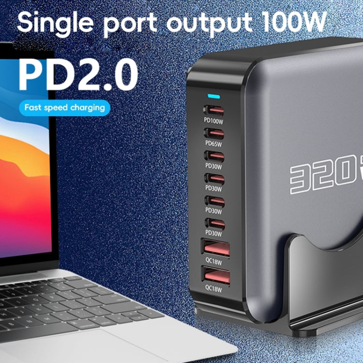 320W GaN 6 Type-C 2 USB Multi Ports Sharing Desktop Charger, Plug:UK Plug(Grey) - Multifunction Charger by buy2fix | Online Shopping UK | buy2fix