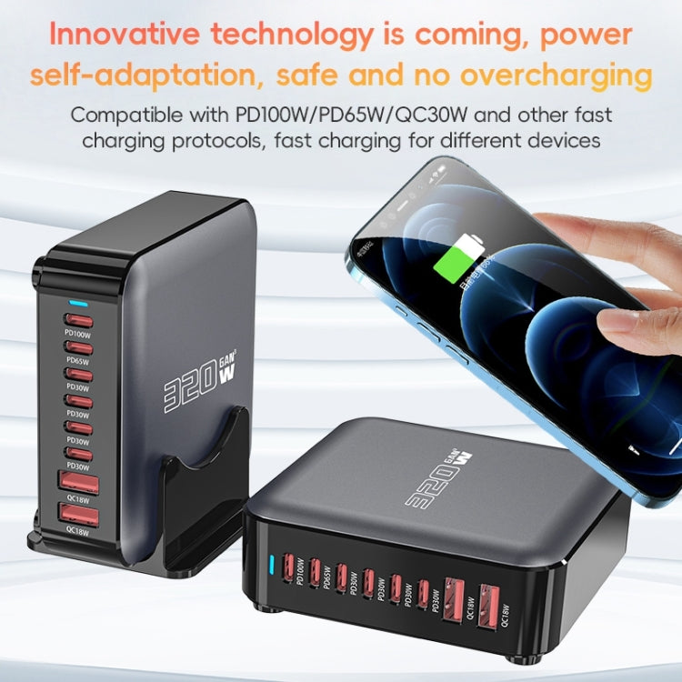 320W GaN 6 Type-C 2 USB Multi Ports Sharing Desktop Charger, Plug:UK Plug(Grey) - Multifunction Charger by buy2fix | Online Shopping UK | buy2fix
