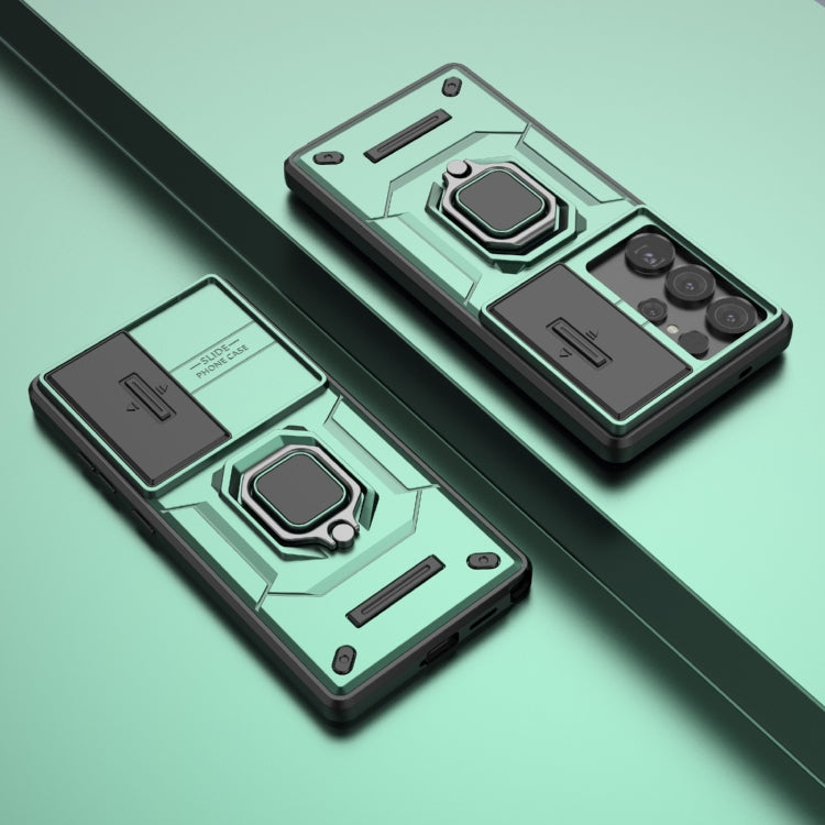 For Samsung Galaxy S25 Ultra 5G Sliding Camshield TPU + PC Shockproof Phone Case with Holder(Green) by buy2fix