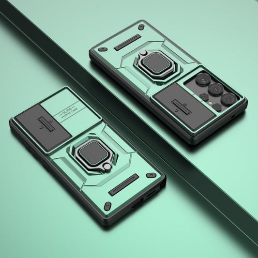 For Samsung Galaxy S25 Ultra 5G Sliding Camshield TPU + PC Shockproof Phone Case with Holder(Green) by buy2fix