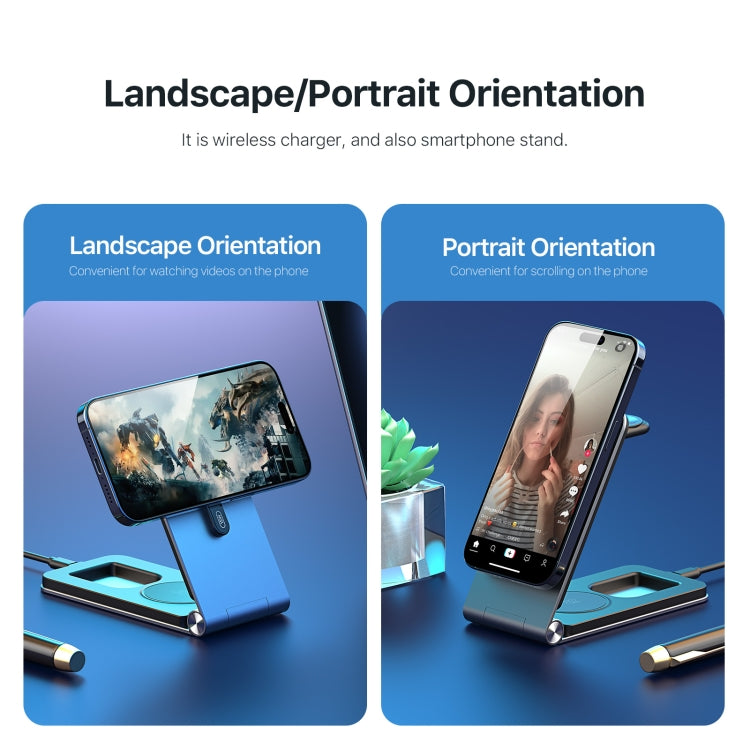 DUZZONA W22 15W 3 in 1 Foldable Magnetic Wireless Charging Stand(Grey) - Wireless Charger by DUZZONA | Online Shopping UK | buy2fix