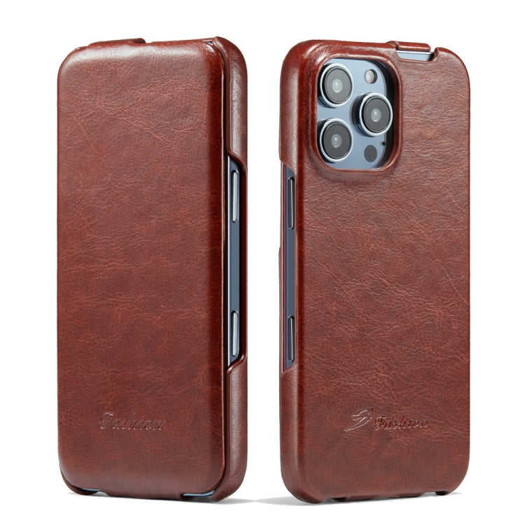 For iPhone 16 Pro Fierre Shann 64 Texture Vertical Flip PU Leather Phone Case(Brown) by FIERRE SHANN
