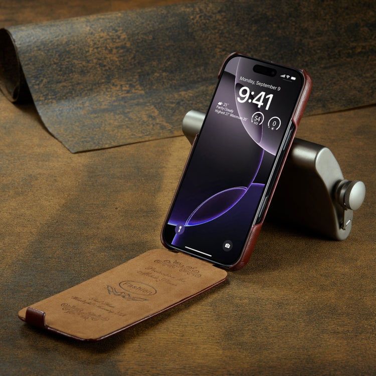 For iPhone 16 Pro Fierre Shann 64 Texture Vertical Flip PU Leather Phone Case(Brown) by FIERRE SHANN